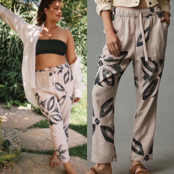 Anthropologie Pants - Anthropologie Pilcro Betty Drawstring Linen Pant in Blush / Grey Size XS